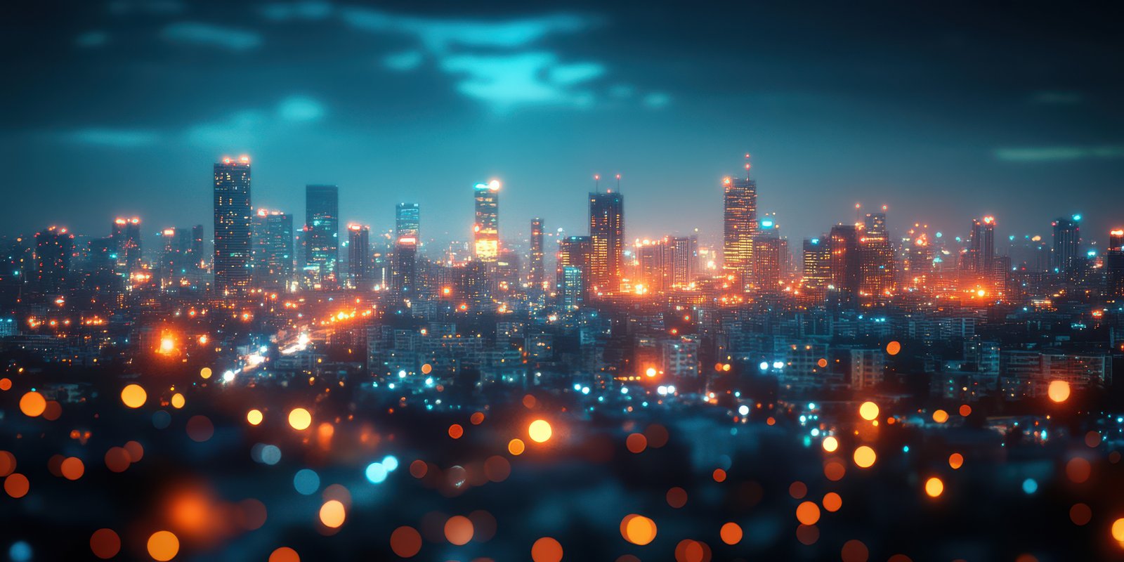 Vibrant city skyline illuminated by evening lights with a stunning array of colors reflecting off the buildings